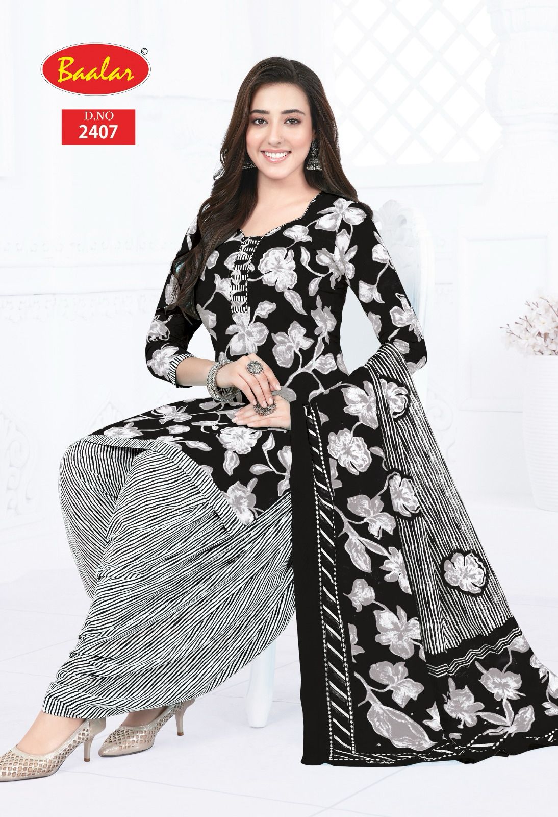 Black & White Patiyala By Baalar Printed Cotton Dress Material Exporters In India